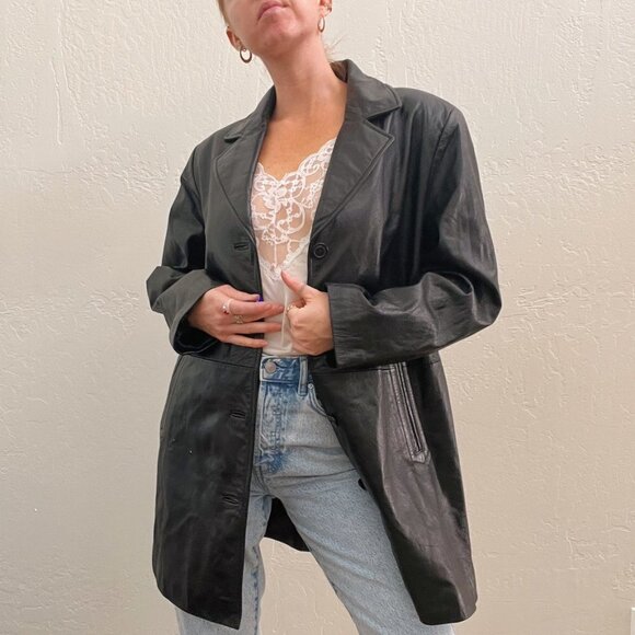 Vintage 90's Black 100% Lambskin Leather Button Up Blazer Trench Jacket - Picture 7 of 8